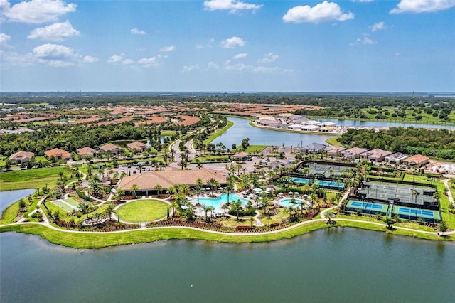 drone / aerial view featuring a water view