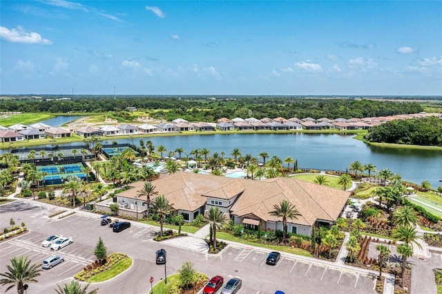 bird's eye view with a water view