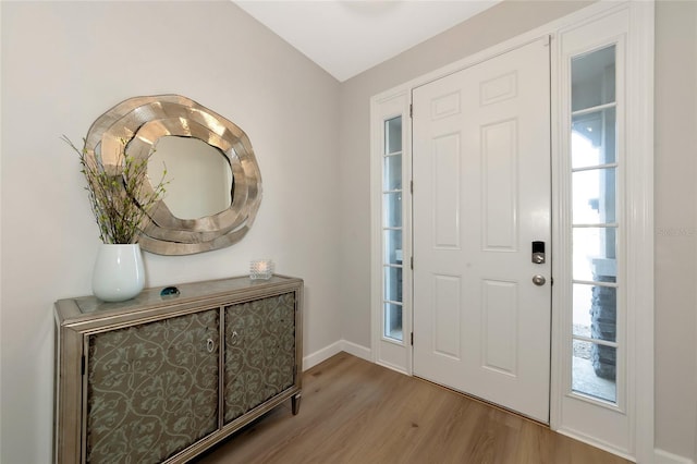 entrance foyer with baseboards and wood finished floors