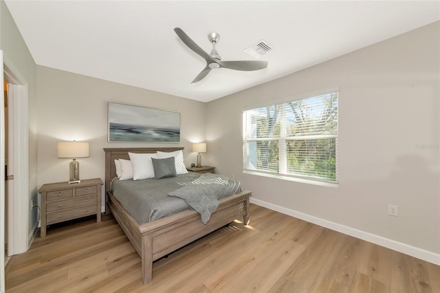 bedroom with ceiling fan and light wood-type flooring