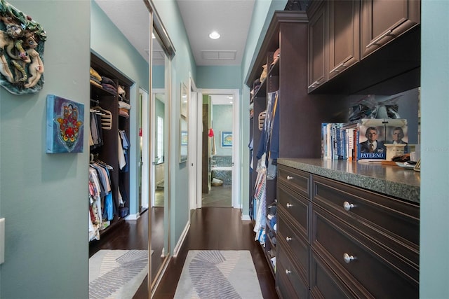 spacious closet featuring dark hardwood / wood-style flooring