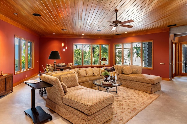 living room featuring wood ceiling