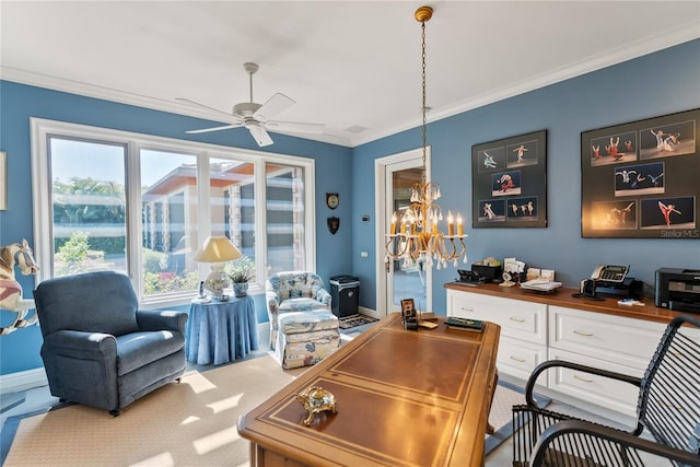 carpeted home office featuring crown molding and ceiling fan with notable chandelier