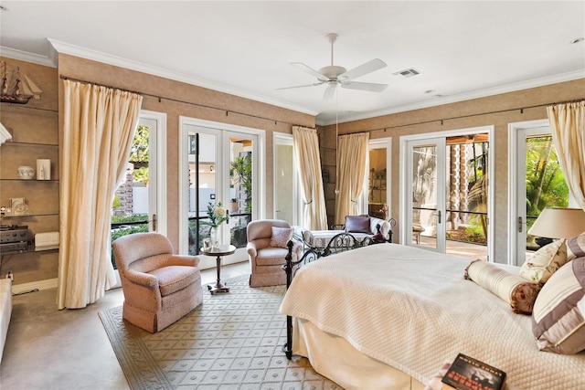 bedroom featuring french doors, access to exterior, and multiple windows