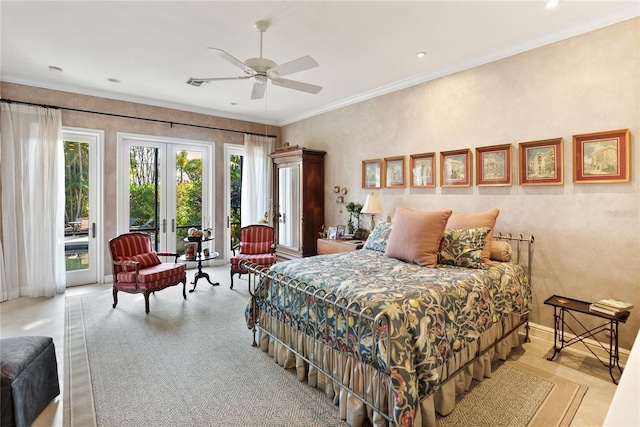 bedroom with crown molding, access to outside, french doors, and ceiling fan