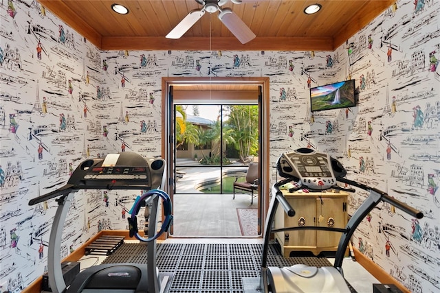 workout room featuring wooden ceiling and ceiling fan