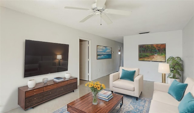 living room with ceiling fan