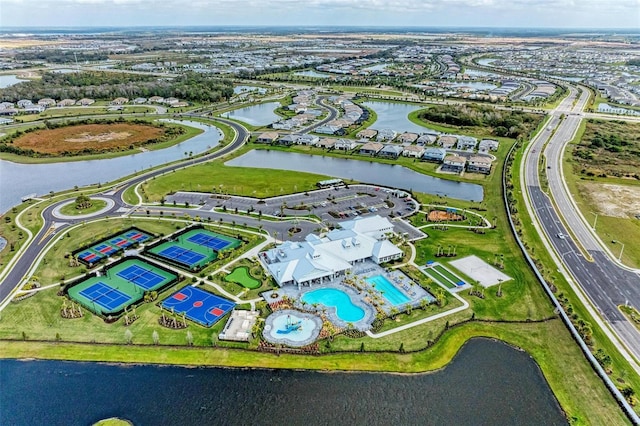 drone / aerial view featuring a water view