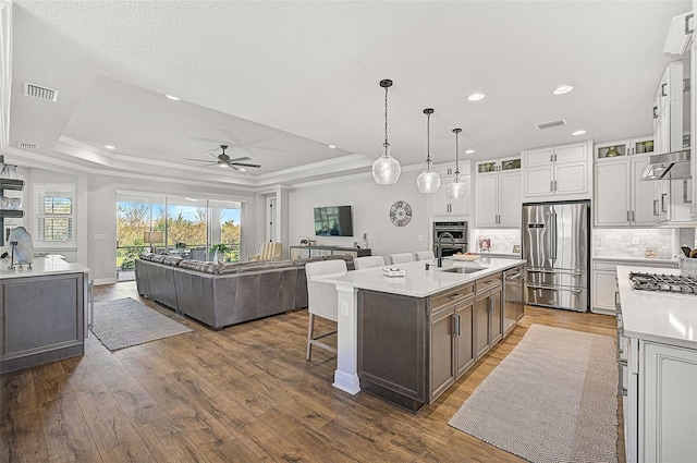 kitchen featuring appliances with stainless steel finishes, a kitchen island with sink, a tray ceiling, white cabinets, and decorative light fixtures