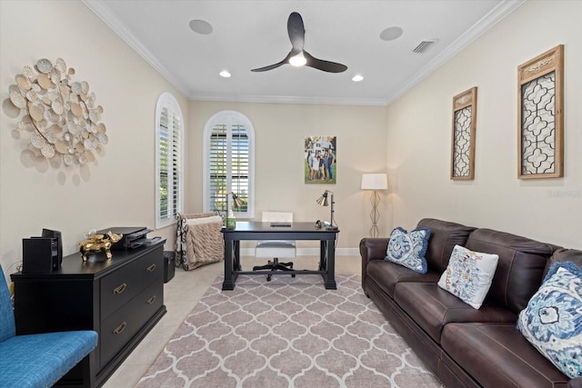 home office featuring crown molding and ceiling fan