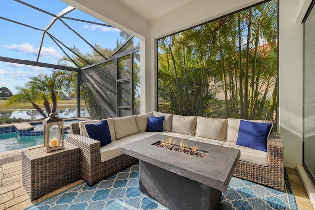 sunroom with a water view