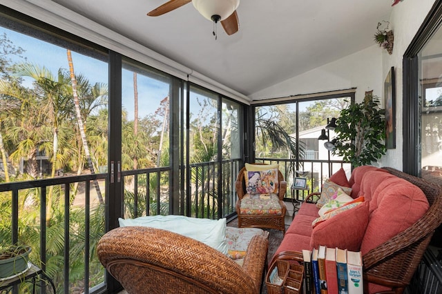 sunroom / solarium with lofted ceiling and ceiling fan