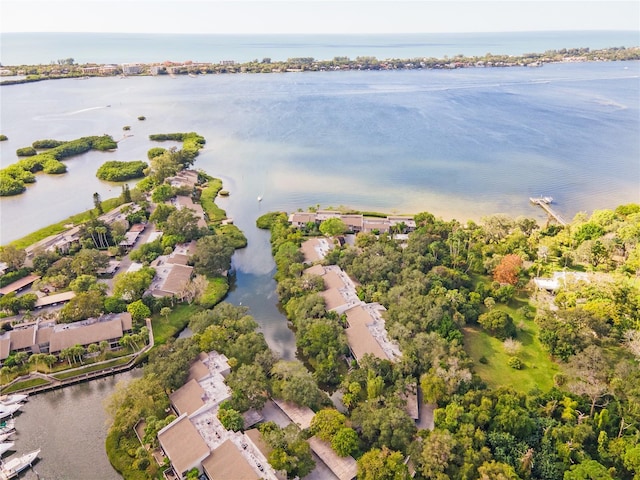 drone / aerial view with a water view