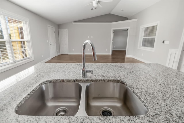 room details with light stone countertops, sink, dark wood-type flooring, and ceiling fan