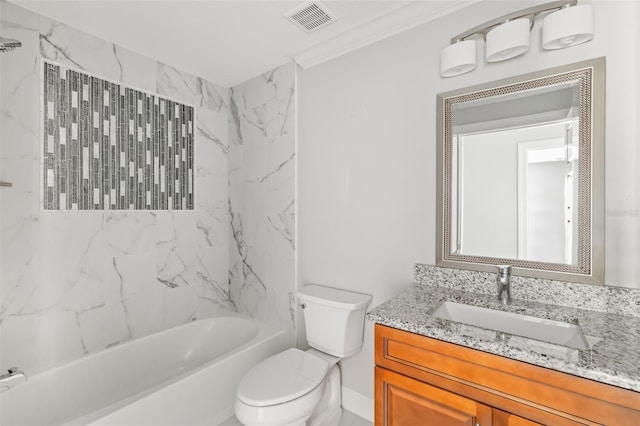 full bathroom with vanity, tiled shower / bath, crown molding, and toilet