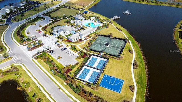 drone / aerial view with a water view