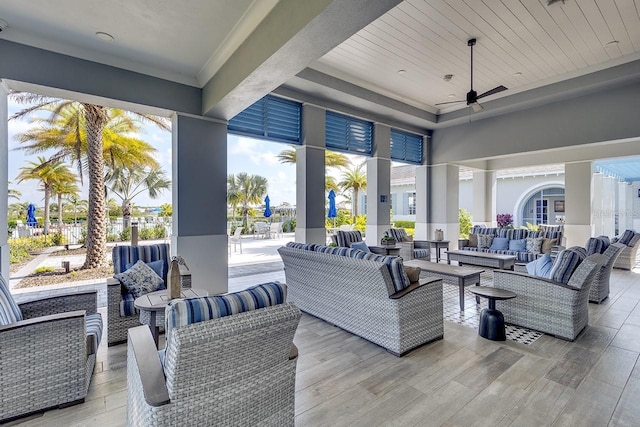 view of patio with an outdoor hangout area and ceiling fan