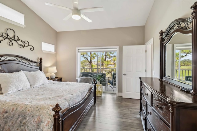 bedroom with vaulted ceiling, access to outside, ceiling fan, and dark hardwood / wood-style flooring