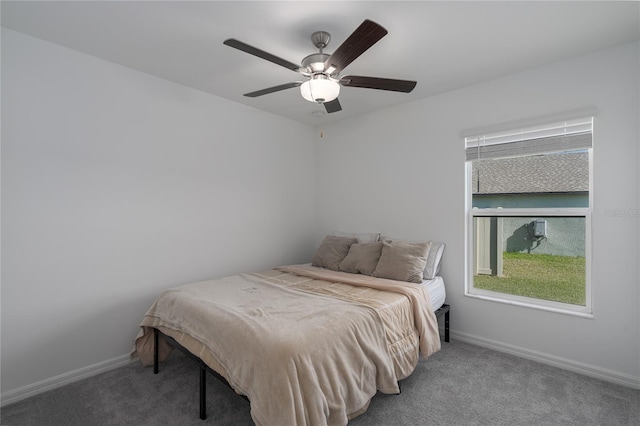 bedroom featuring carpet floors and ceiling fan