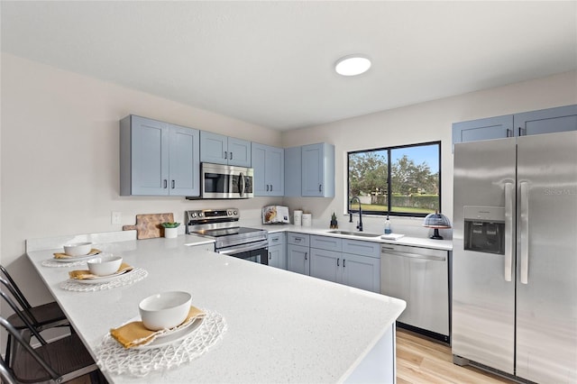 kitchen with sink, light hardwood / wood-style flooring, a breakfast bar, appliances with stainless steel finishes, and kitchen peninsula