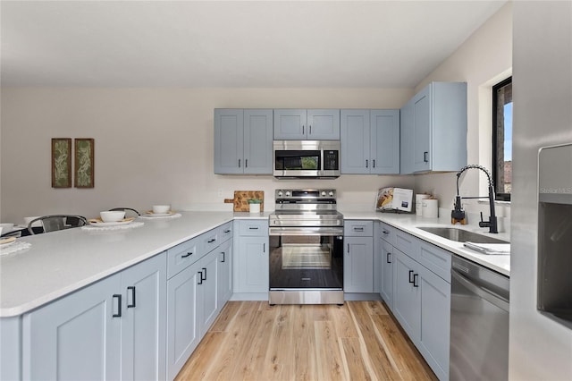 kitchen featuring stainless steel appliances, sink, light wood-type flooring, and kitchen peninsula