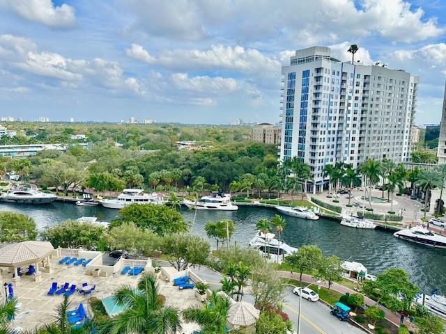 drone / aerial view with a water view