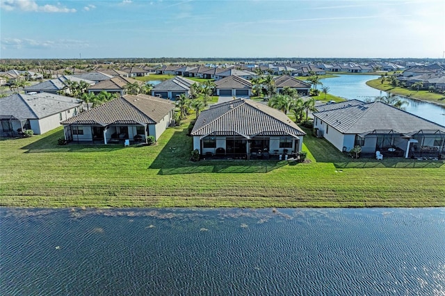 aerial view featuring a water view