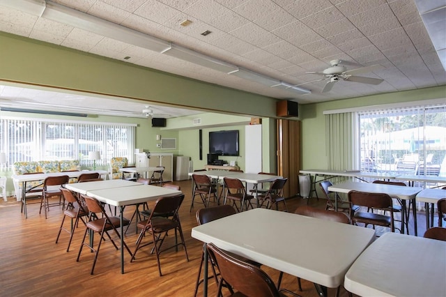 dining room with hardwood / wood-style floors, plenty of natural light, and ceiling fan