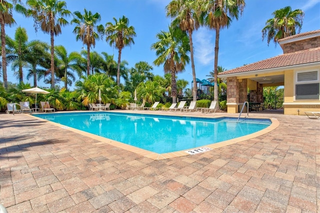 view of swimming pool with a patio