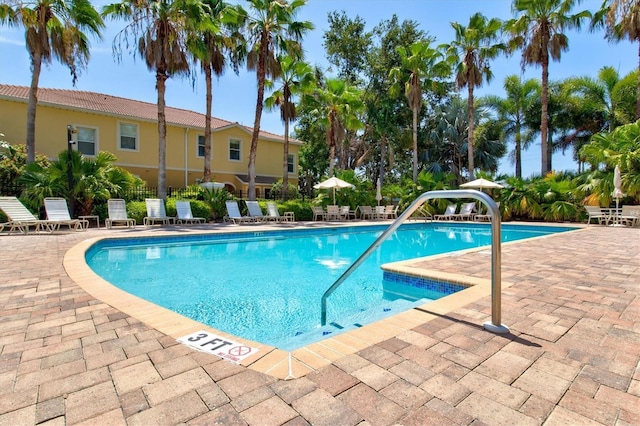 view of swimming pool featuring a patio area