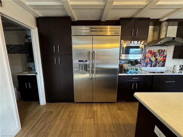 kitchen with wall chimney exhaust hood, tasteful backsplash, built in appliances, beam ceiling, and light hardwood / wood-style floors