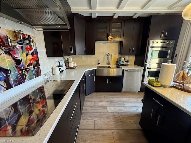 kitchen with sink, wall chimney range hood, appliances with stainless steel finishes, dark brown cabinets, and decorative backsplash