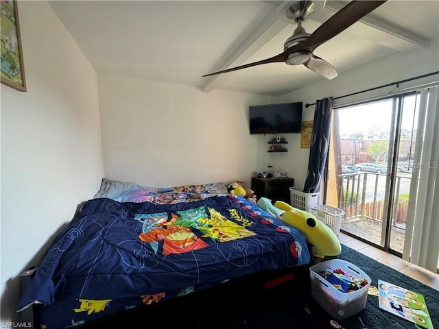 bedroom featuring access to exterior, beamed ceiling, and ceiling fan