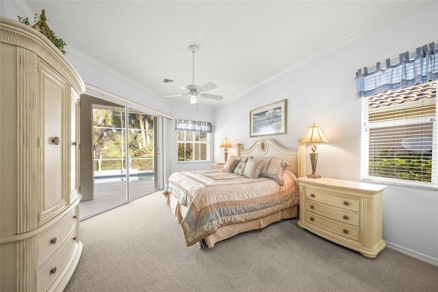 bedroom featuring crown molding, ceiling fan, carpet, and access to outside