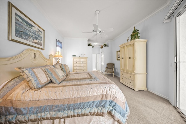 carpeted bedroom with crown molding and ceiling fan