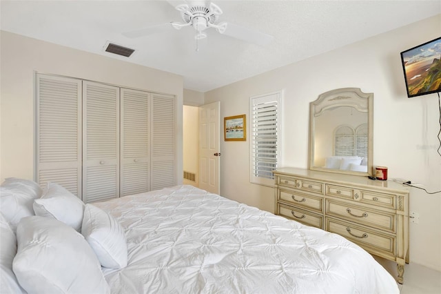 bedroom featuring ceiling fan and a closet