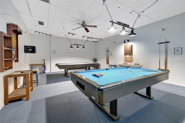 playroom with pool table and ceiling fan