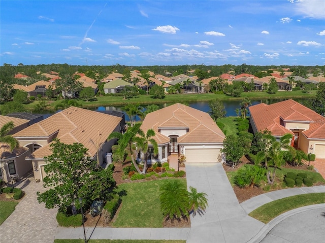 drone / aerial view featuring a water view