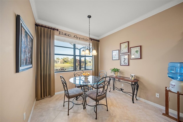 dining room with ornamental molding, light tile patterned flooring, and a chandelier