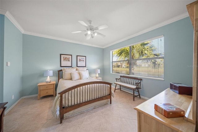 tiled bedroom featuring crown molding and ceiling fan