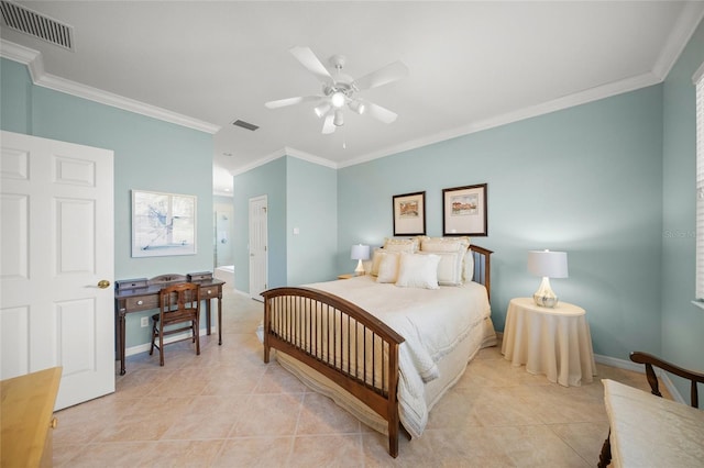 tiled bedroom featuring ensuite bath, ornamental molding, and ceiling fan