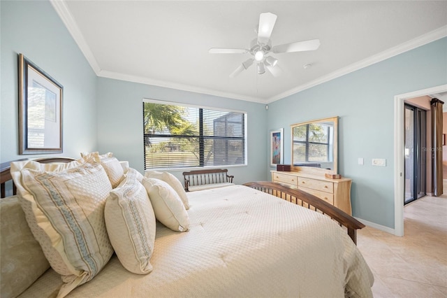 tiled bedroom with multiple windows, ornamental molding, and ceiling fan