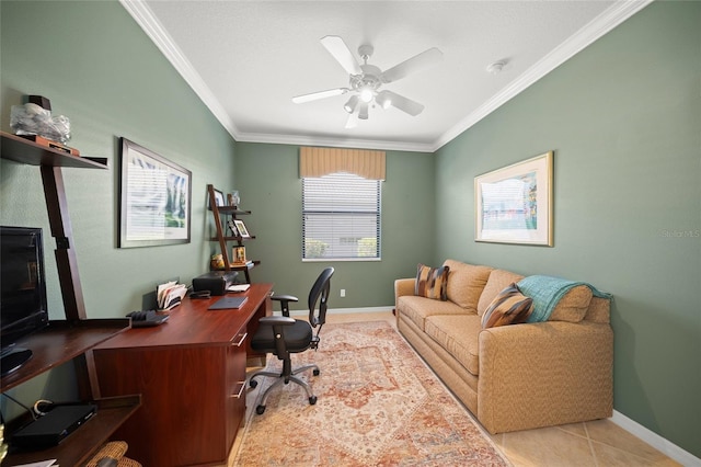 office space with ornamental molding, light tile patterned floors, and ceiling fan