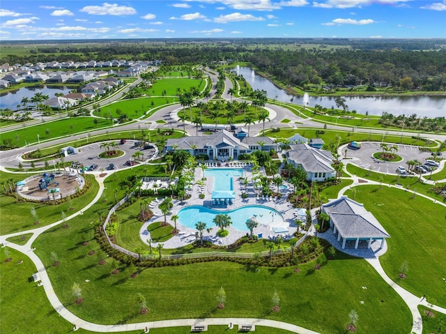 drone / aerial view featuring a water view