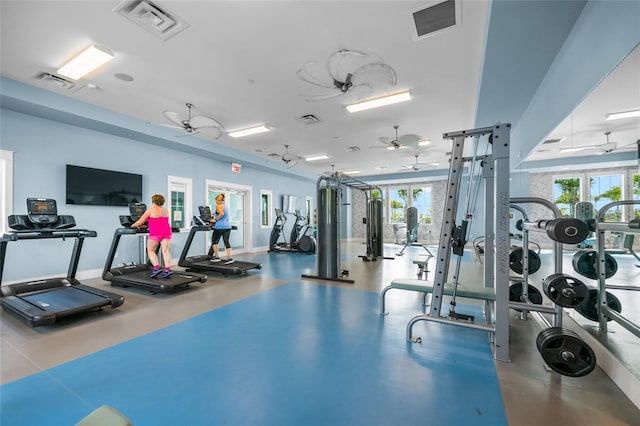 workout area featuring ceiling fan