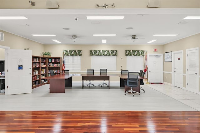 office space with ceiling fan and hardwood / wood-style floors