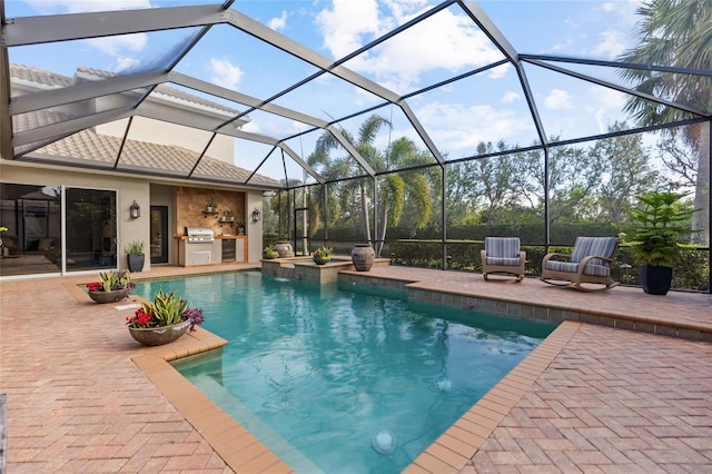 view of swimming pool with area for grilling, grilling area, a patio, and glass enclosure