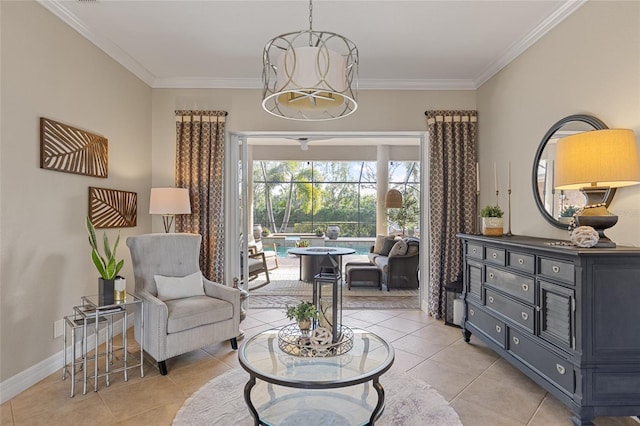 living area with light tile patterned floors, crown molding, and a chandelier