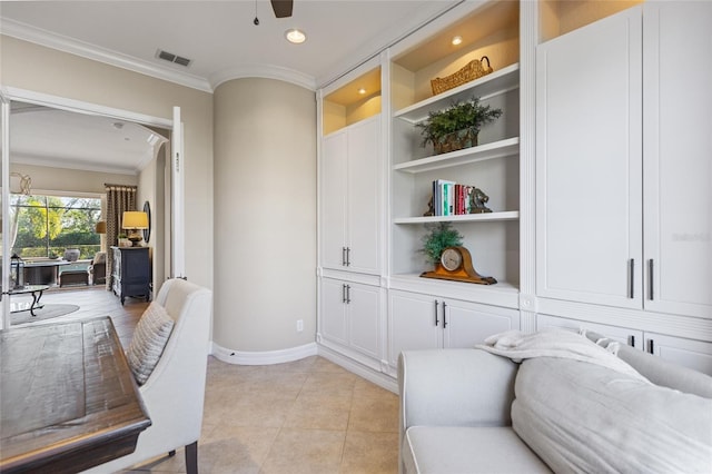 office area with ornamental molding, light tile patterned flooring, built in features, and ceiling fan