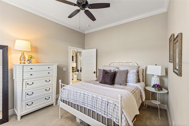 carpeted bedroom with crown molding and ceiling fan